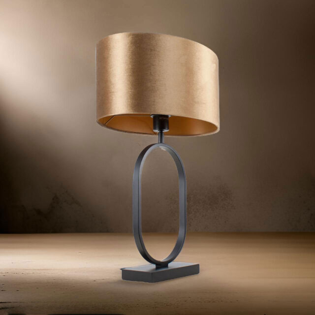 Zwarte tafellamp Verona ovaal met luxe ovale velours kap | Coffee on gold 40 cm - Afbeelding 2