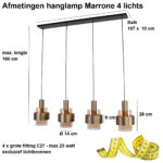 Brons kleurige 4 lichts eettafellamp Marrone | balk 107 cm | brons met amber glas - Afbeelding 3