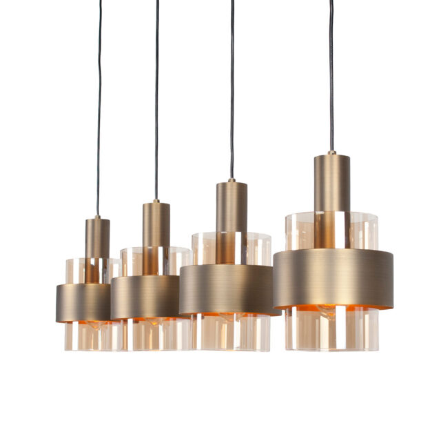 Brons kleurige 4 lichts eettafellamp Marrone | balk 107 cm | brons met amber glas - Afbeelding 1