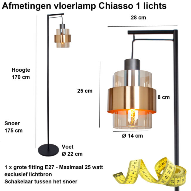 Staande lamp Chiasso zwart / goud met amber glas - Afbeelding 3