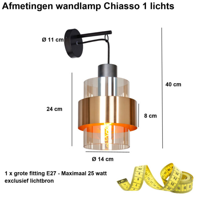 Stijlvolle zwart / goudkleurige wandlamp Chiasso met amber glas - Afbeelding 3