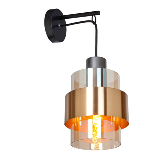 Stijlvolle zwart / goudkleurige wandlamp Chiasso met amber glas - Afbeelding 1
