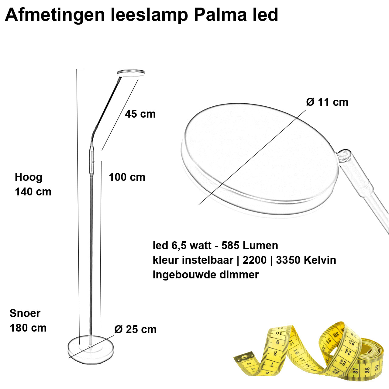 afmetingen-1-lichts-palma-leeslamp Verstelbare leeslamp Palma zwart | kleur instelbaar 2200 / 3350 Kelvin - Afbeelding 3