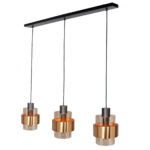 Zwarte eettafellamp 3 lichts Chiasso | 100 cm balk - amber glas