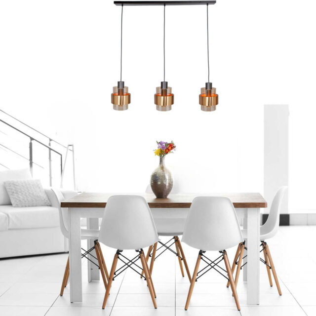 Zwarte eettafellamp 3 lichts Chiasso | 100 cm balk - amber glas - Afbeelding 10