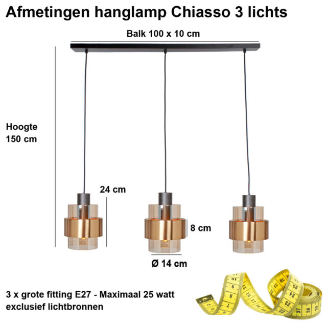 Zwarte eettafellamp 3 lichts Chiasso | 100 cm balk - amber glas - Afbeelding 3