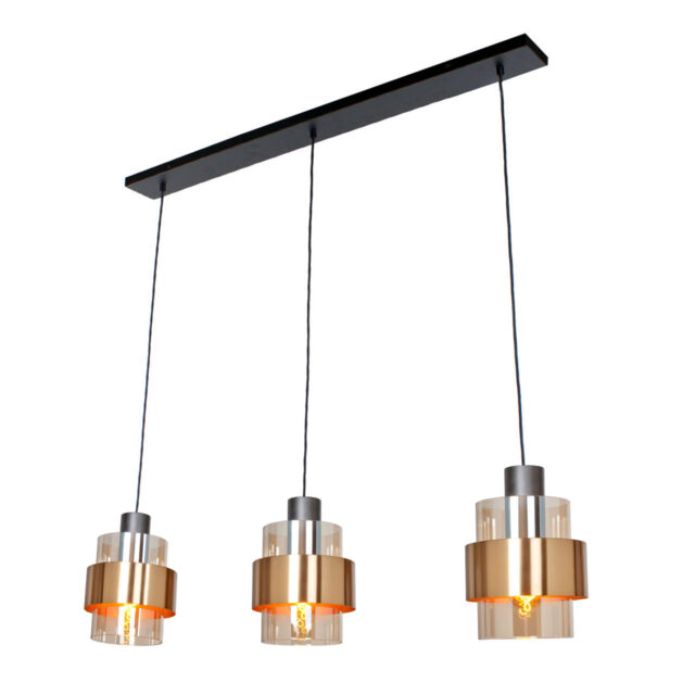 Zwarte eettafellamp 3 lichts Chiasso | 100 cm balk - amber glas - Afbeelding 9