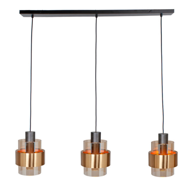 Zwarte eettafellamp 3 lichts Chiasso | 100 cm balk - amber glas - Afbeelding 7