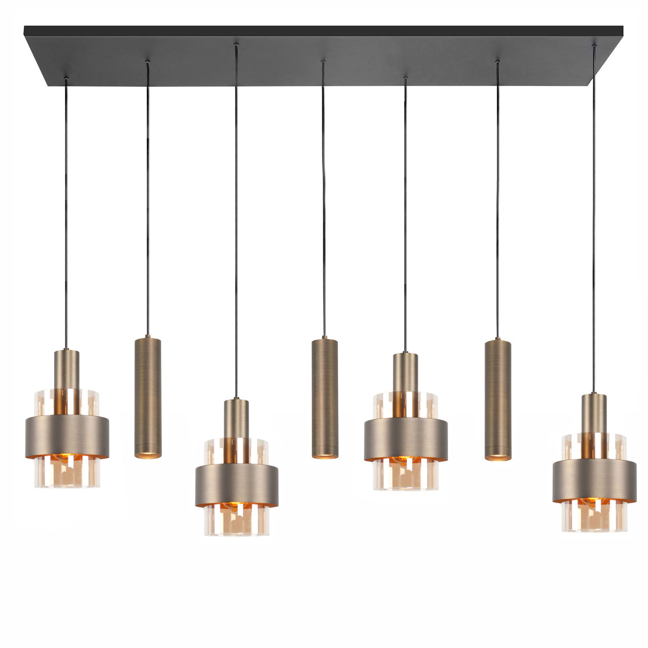 hanglamp-7-lichts-balk-5685.01 Bronzen hanglamp 7 lichts Marrone met amber glas - Afbeelding 1