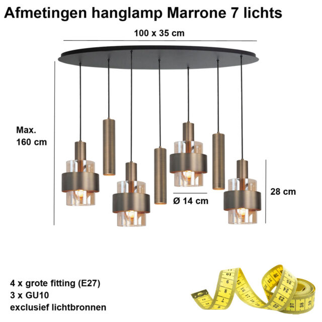 Ovale Bronzen Hanglamp 7 Lichts Marrone Met Amber Glas 2