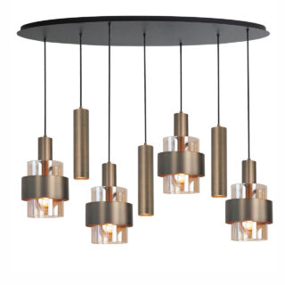 Ovale bronzen hanglamp 7 lichts Marrone met amber glas