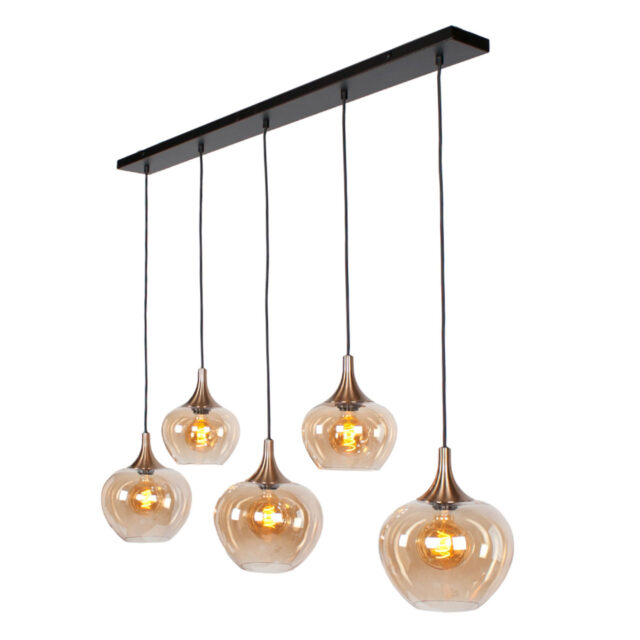 Chique 5 Lichts Glazen Eettafellamp Met Amber Glas 10