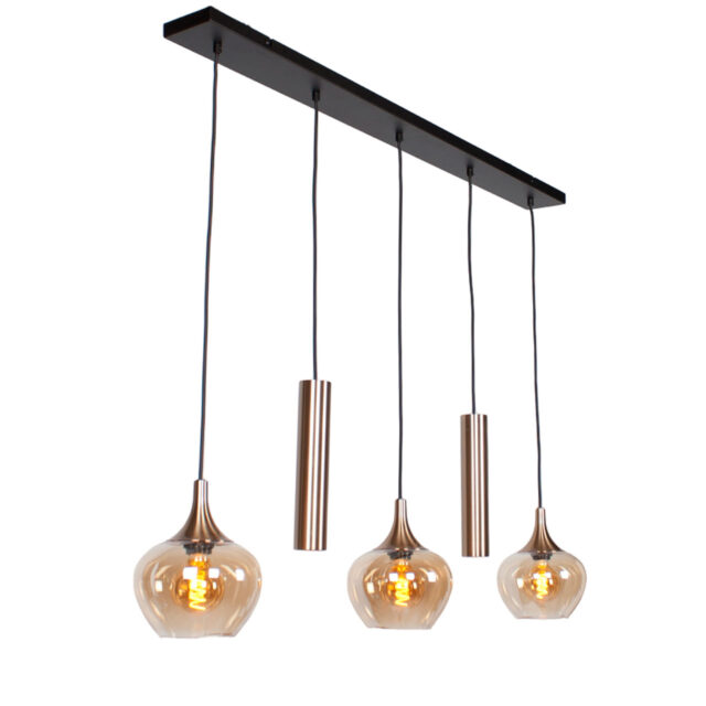 Moderne Glazen Hanglamp 5 Lichts Balk 3 Amber Glazen 2 X Gu10 12