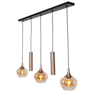 Moderne Glazen Hanglamp 5 Lichts Balk 3 Amber Glazen 2 X Gu10 16