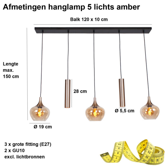 Moderne Glazen Hanglamp 5 Lichts Balk 3 Amber Glazen 2 X Gu10 2