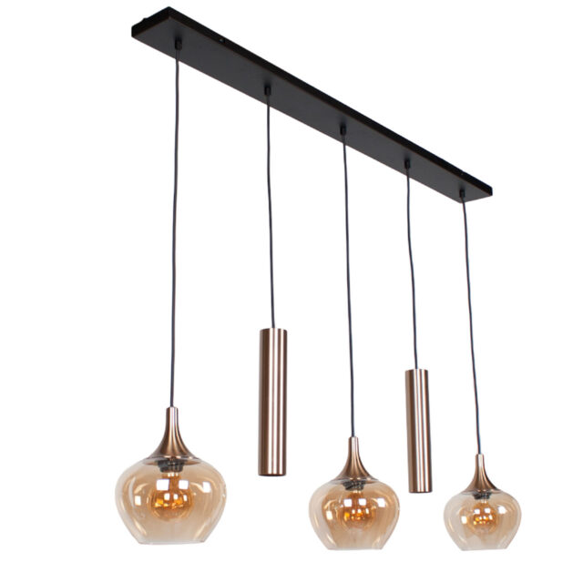 Moderne Glazen Hanglamp 5 Lichts Balk 3 Amber Glazen 2 X Gu10 7
