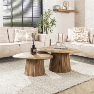Salontafel Set Van 2 Wave Driehoekig Blad Massief Mango Zandkleur 5