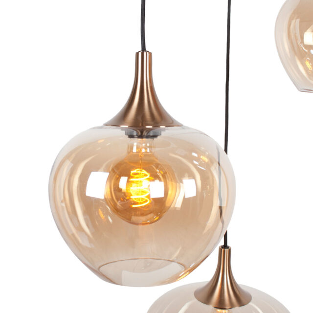 Stijlvolle 3 Lichts Hanglamp Getrapt Goud Brons Met Amber Glas 11