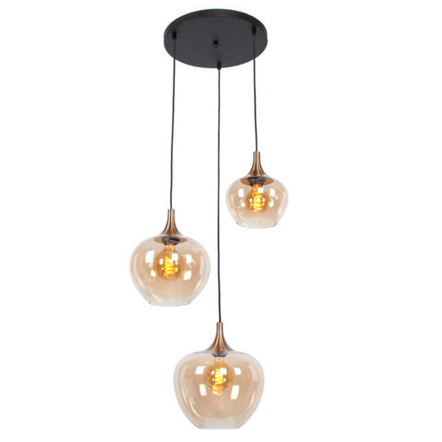 Stijlvolle 3 Lichts Hanglamp Getrapt Goud Brons Met Amber Glas 13