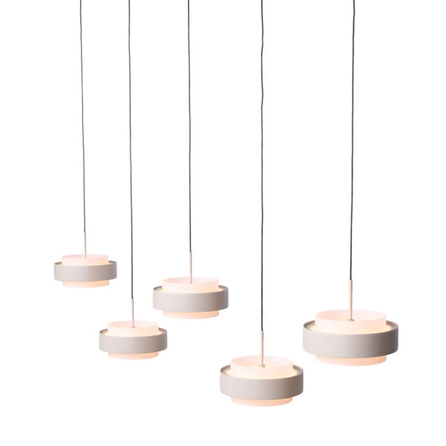 Verstelbare Zand Beige Hanglamp Puleggia 5 Lichts Dim To Warm Katrolsysteem