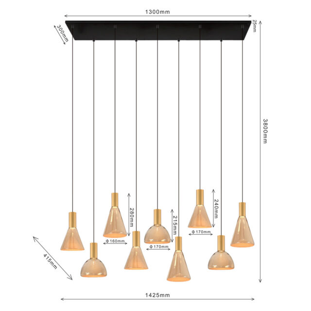 Negenlichts Hanglamp Lisa Eettafellamp Met Glas Brons Zwart 3