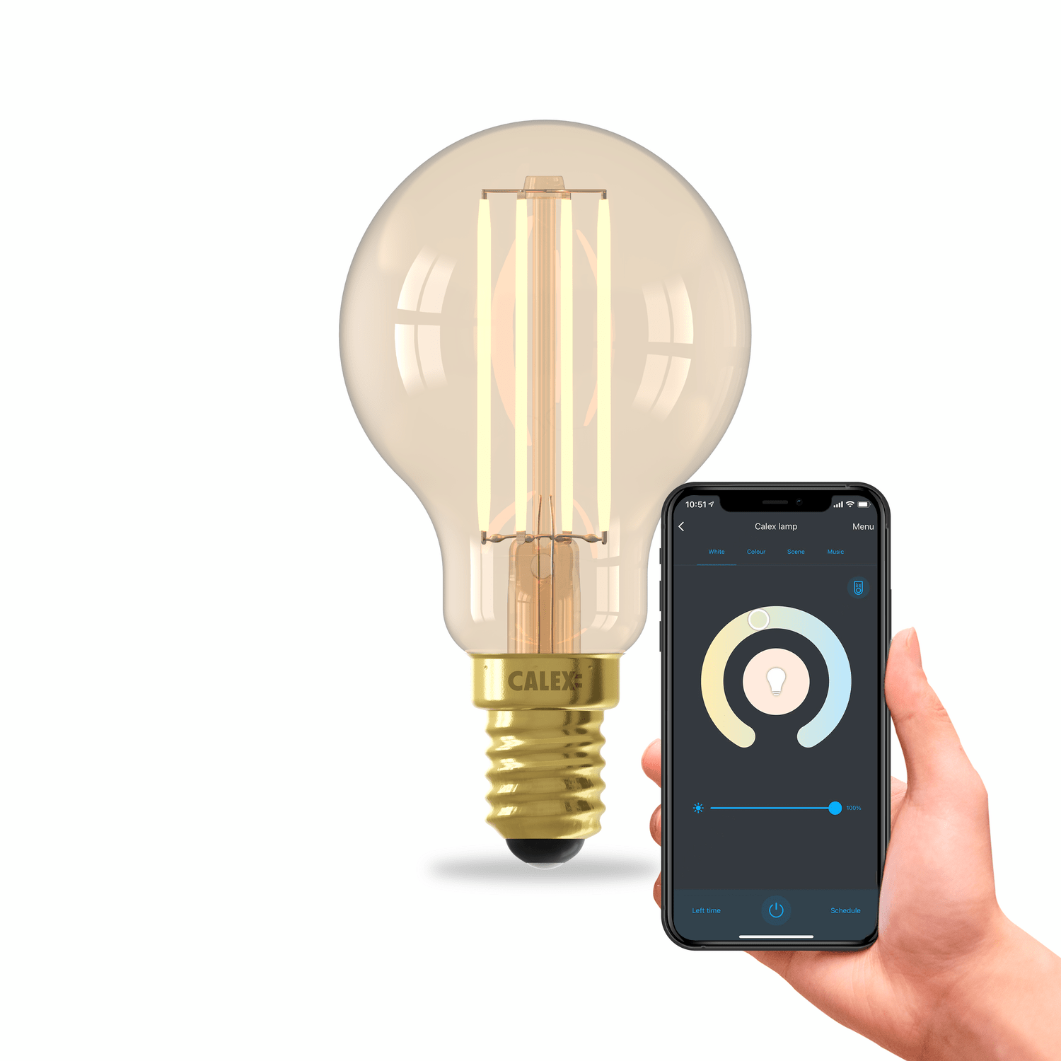 calex-smart-led-bulb-e14-filament-p45-gold-warm-white-49w-498939 LED lamp | goud | dimbaar | E14 kleine fitting | 4,5 cm | 1800-3000 Kelvin | 470 lumen - Afbeelding 1