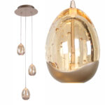 Chique 3-lichts hanglamp Champagne Egg rond – amber glas – champagne kleur